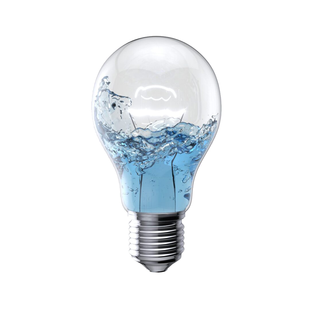 Water Liquid splashing inside light bulb lighting on white background. 3D Render.